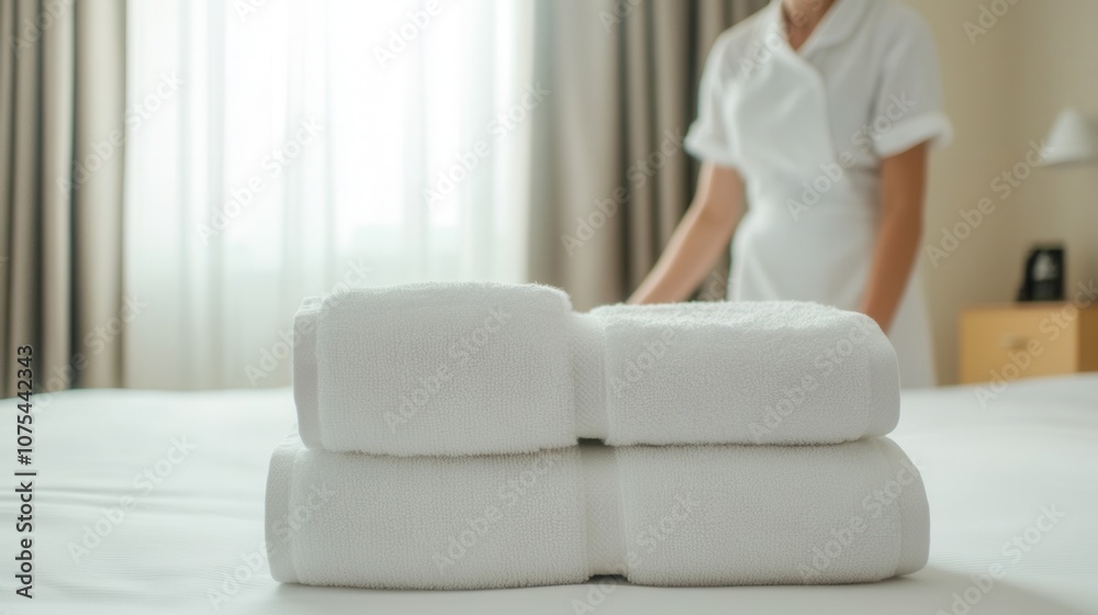 A Hotel Staff Member Prepares Freshly Folded Towels on a Neatly Made Bed While Sunlight Streams Through the Window in a Cozy Guest Room During Daylight Hours A Hotel Staff Member Prepares Freshly Folded Towels on a Neatly Made Bed While Sunlight Streams Through the Window in a Cozy Guest Room During Daylight Hours
