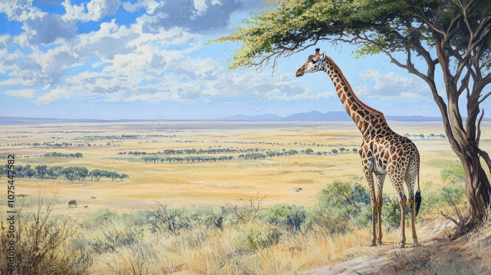 Fototapeta premium Giraffe Standing Tall on Savanna Landscape