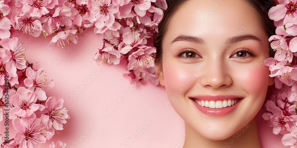 A Young Woman With a Radiant Smile Surrounded by Pink Cherry Blossoms on a Soft Pink Background Creating a Vibrant and Cheerful Spring Atmosphere A Young Woman With a Radiant Smile Surrounded by Pink Cherry Blossoms on a Soft Pink Background Creating a Vibrant and Cheerful Spring Atmosphere