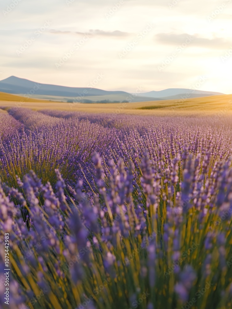 Obraz premium Endless rows of lavender stretch under the soft glow of sunrise, creating a serene landscape