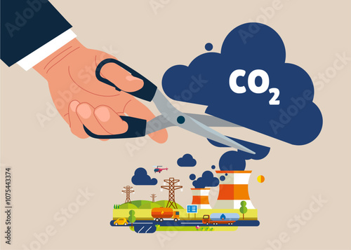 Hand uses scissors to cut air pollution, co2 , ecological problems. Cutting harmful industry emissions with large scissors. Flat vector illustration