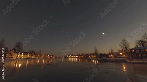 Nighttime cityscape with moon, stars, and reflections in a frozen canal