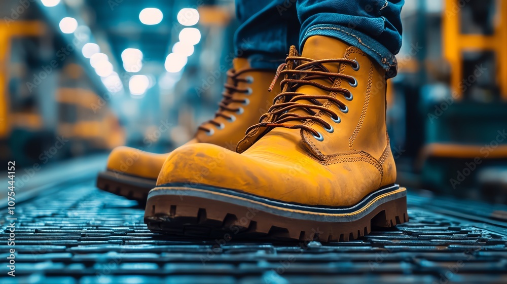 Closeup of industrial workers boots in a factory, detailed shot of rugged footwear and workplace floor Closeup of industrial workers boots in a factory, detailed shot of rugged footwear and workplace floor