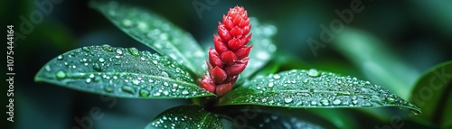 Closeup of red flower with dewdrenched leaves in lush green setting photo