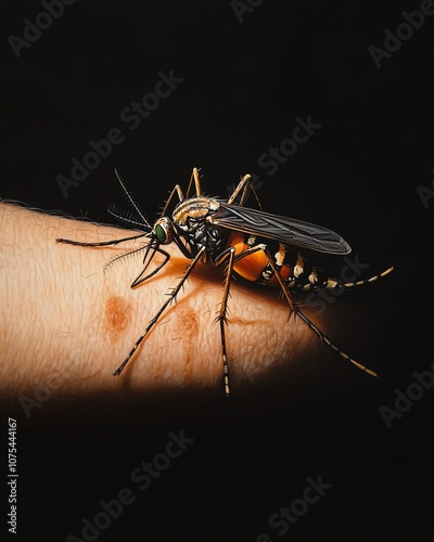 Closeup of a mosquito on a persons arm, high detail on the insect and skin texture