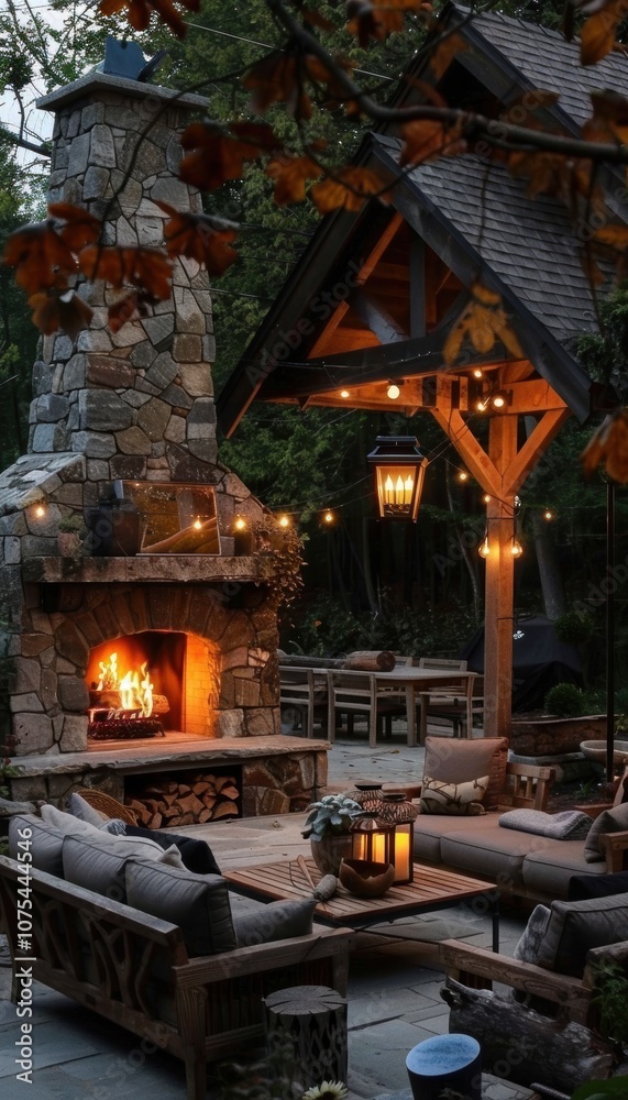 Inviting Rustic Patio with Stone Fireplace and Cozy Outdoor Seating for Gatherings Inviting Rustic Patio with Stone Fireplace and Cozy Outdoor Seating for Gatherings