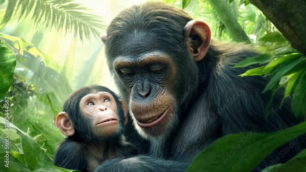 Touching interaction between a mother chimpanzee and her playful infant in a vibrant jungle setting, filled with greenery