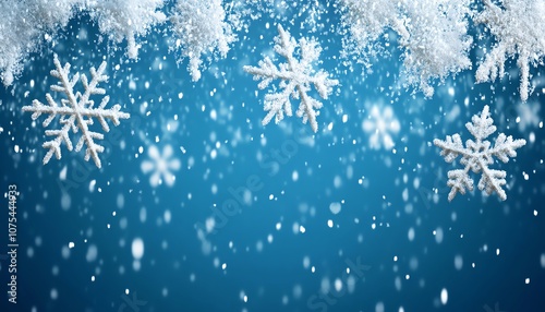 Falling snowflakes over a gradient blue background, creating a soft winter atmosphere