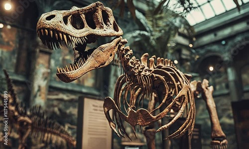 A detailed dinosaur skeleton on display in a museum, showcasing paleontological history.