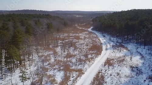 Aerial View of a Snowy Forest Road