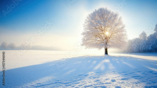 solitary tree in snowy landscape, illuminated by sunlight, creating serene winter scene. blue sky enhances tranquil atmosphere