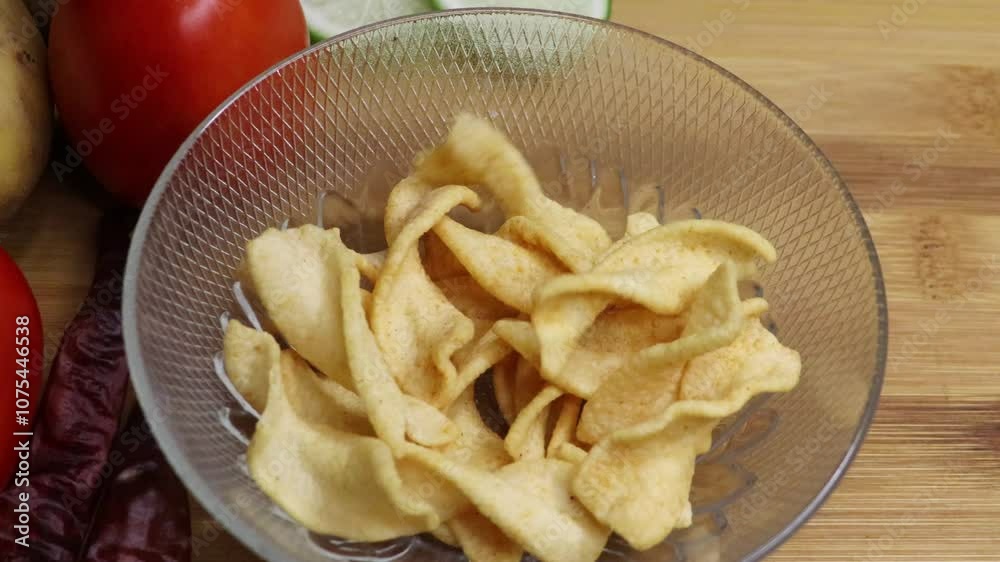Potato Chips Falling Down on bowl on Wooden Brown Background at 1000fps Slow Motion Shot. Potato Chips Falling Down on bowl on Wooden Brown Background at 1000fps Slow Motion Shot.