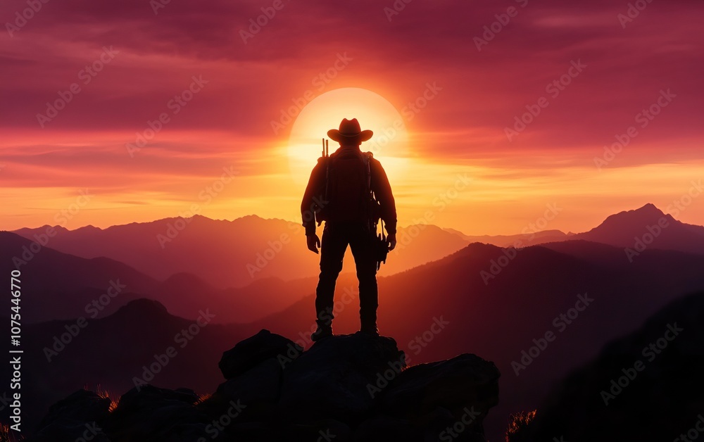 Obraz premium A silhouette of a lone hiker on a rocky peak against a vibrant sunset, surrounded by mountains, evoking adventure and solitude.