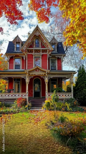 Camera panning down victorian house during fall