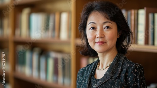 Asian librarian shelving books in a calm and warm-colored library environment