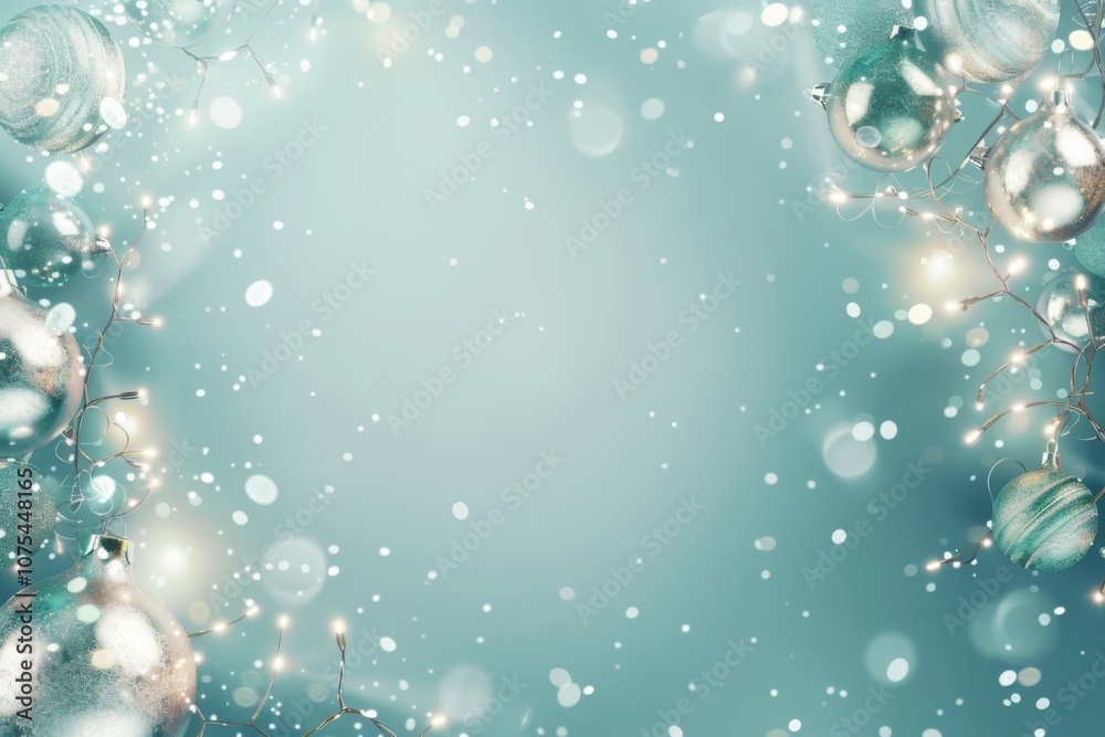 Pale teal background bordered by silver and white ornaments Pale teal background bordered by silver and white ornaments