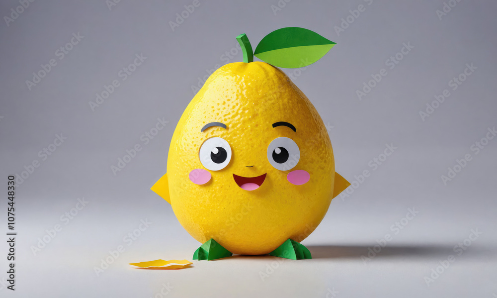 A happy, cartoon lemon with green leaves and a big smile stands on a grey background with a piece of peel at its feet A happy, cartoon lemon with green leaves and a big smile stands on a grey background with a piece of peel at its feet