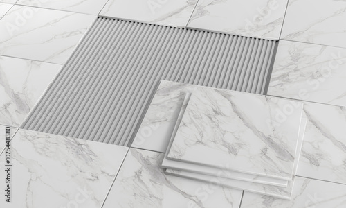 Obraz na plátne Laying marble floor tiles with ceramic adhesive ridges