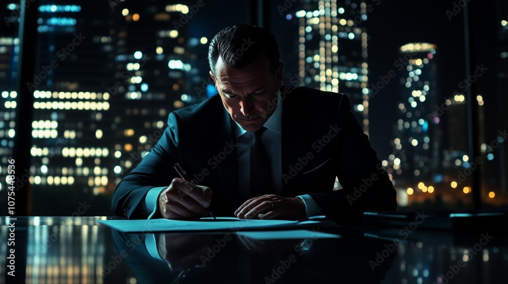 Fototapeta premium Male businessman working in office in evening .Generative AI