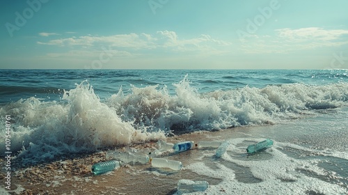 Plastic Bottles Washed Ashore by a Wave on a Beach