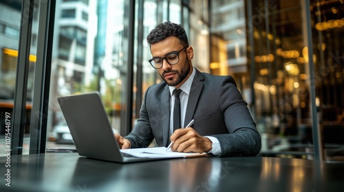 Male businessman working in office in evening .Generative AI