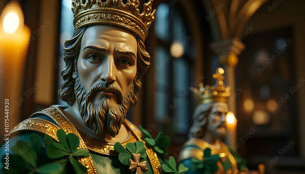 Obraz premium Celebrating St. Patrick's Day with grand decorations and mesmerizing statues adorning a festive venue illuminated by soft candlelight