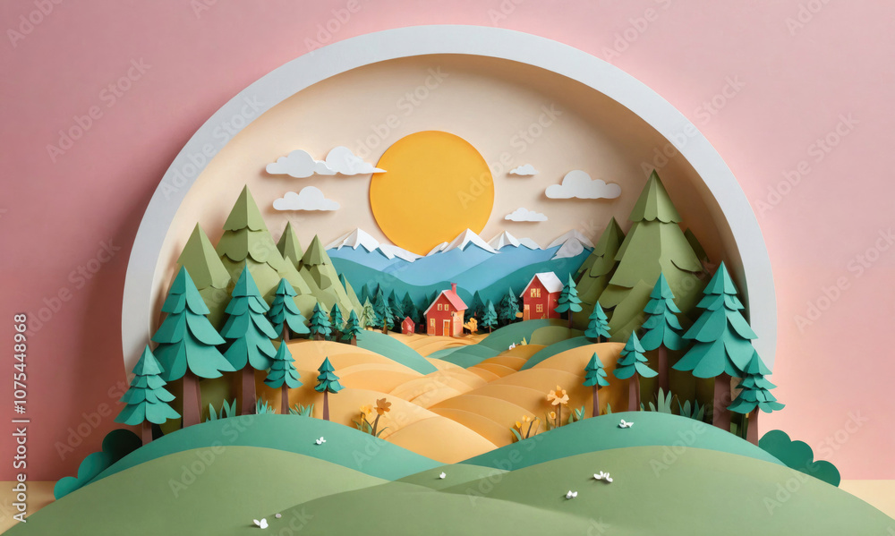Fototapeta premium A paper-cut village nestled in a valley, surrounded by mountains and a bright sun