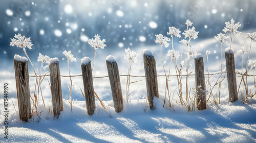 serene winter scene featuring wooden fence adorned with snow and frosted plants, creating peaceful atmosphere. Snowflakes gently fall in background