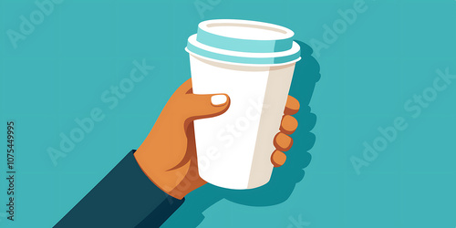 A cartoon illustration of a hand holding a white paper coffee cup with a blue lid against a turquoise background.