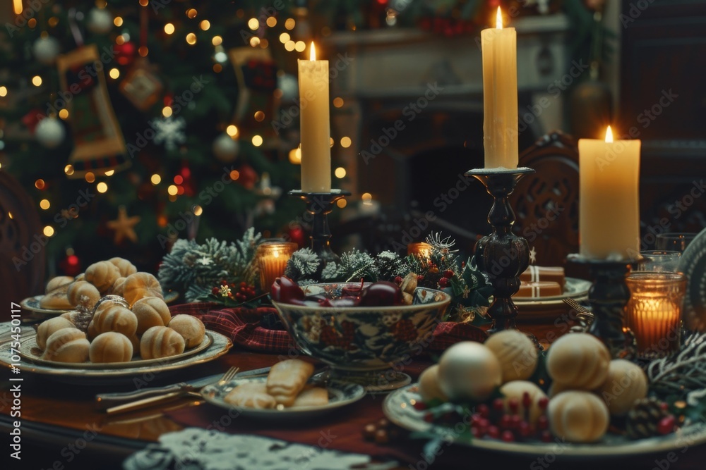 Obraz premium Christmas table with holiday themed dishes and candles
