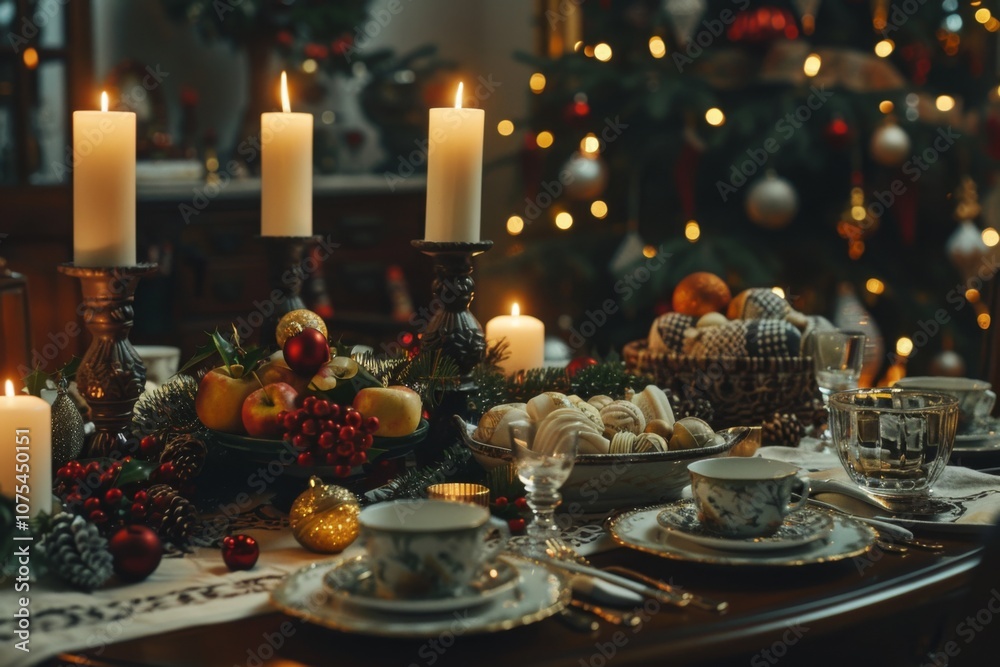 Christmas table with holiday themed dishes and candles Christmas table with holiday themed dishes and candles