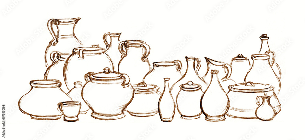 Pencil drawing. Many different vessels Pencil drawing. Many different vessels