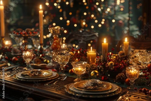 Christmas table with holiday themed dishes and candles