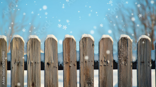 wooden fence covered in snowflakes against blue sky, creating serene winter scene
