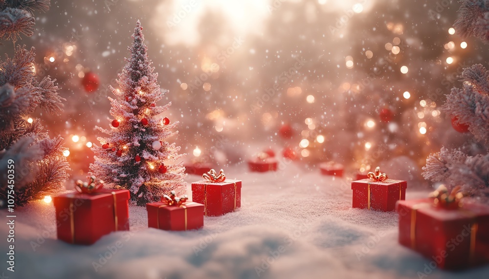 Obraz premium Snowy holiday scene with red gift boxes and decorated trees, soft focus, red and white color scheme, festive atmosphere