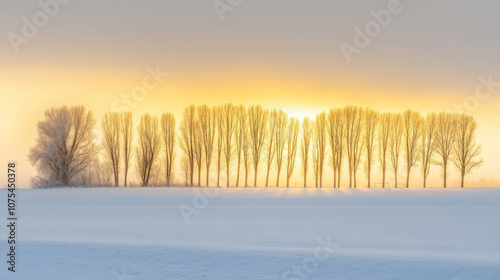 serene winter landscape featuring tall trees silhouetted against golden sunrise, creating peaceful atmosphere. snow covered ground adds to tranquil scene