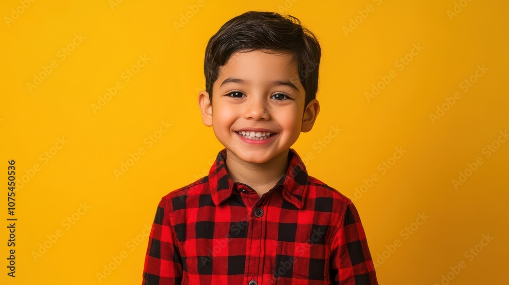 Smiling Boy in Red and Black Checkered Shirt Against Yellow Background Smiling Boy in Red and Black Checkered Shirt Against Yellow Background