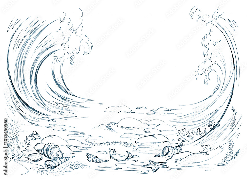Fototapeta premium Pencil drawing. Moses leads the people across the sea