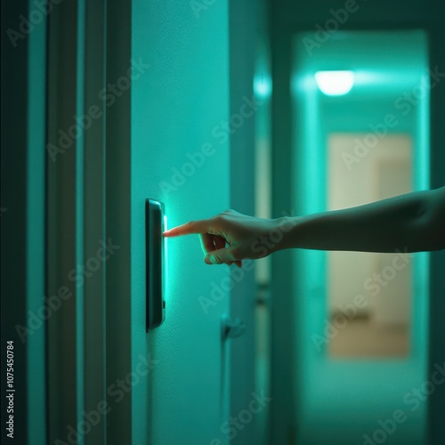 a person is pressing a button on a door photo