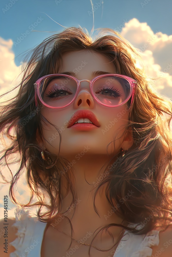 A serene portrait of a stylish young woman wearing pink glasses, basking in sunlight with a dreamy expression against a cloudy sky. A serene portrait of a stylish young woman wearing pink glasses, basking in sunlight with a dreamy expression against a cloudy sky.