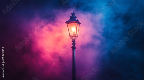 Streetlamp glowing through colorful mist moody and surreal ambiance