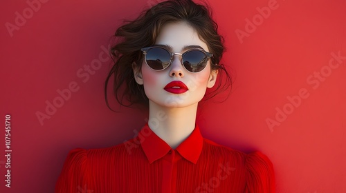 Stylish woman in red blouse and sunglasses vintage monochrome look bold lips minimalist background