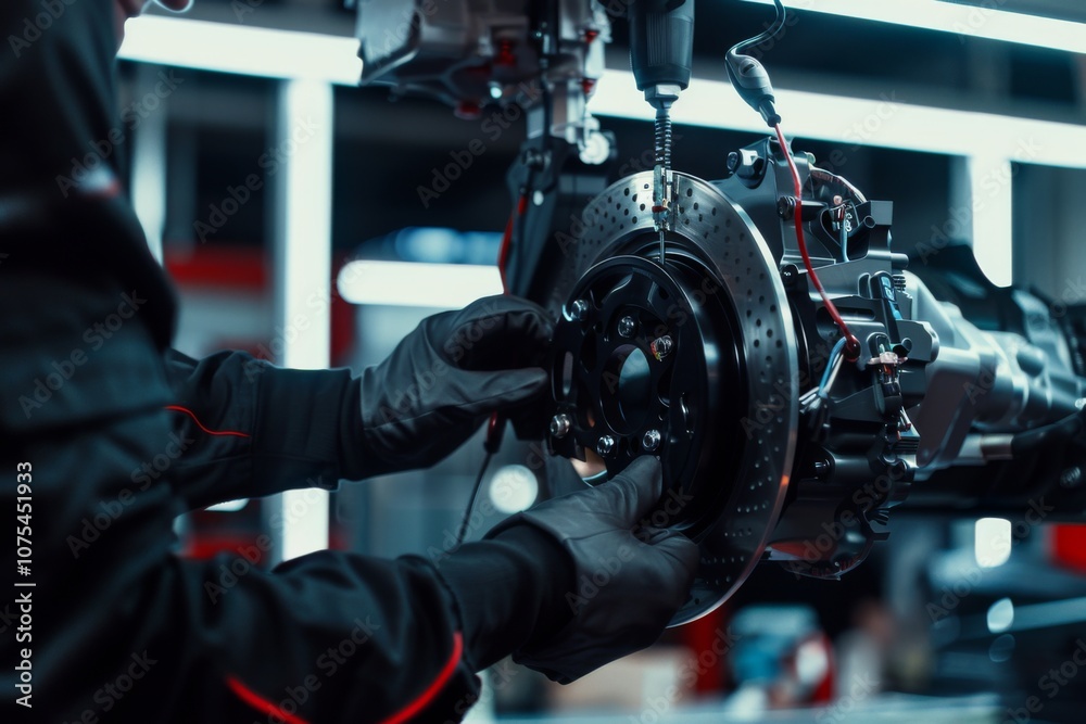 Close up of a technician working on an electric car brake Close up of a technician working on an electric car brake