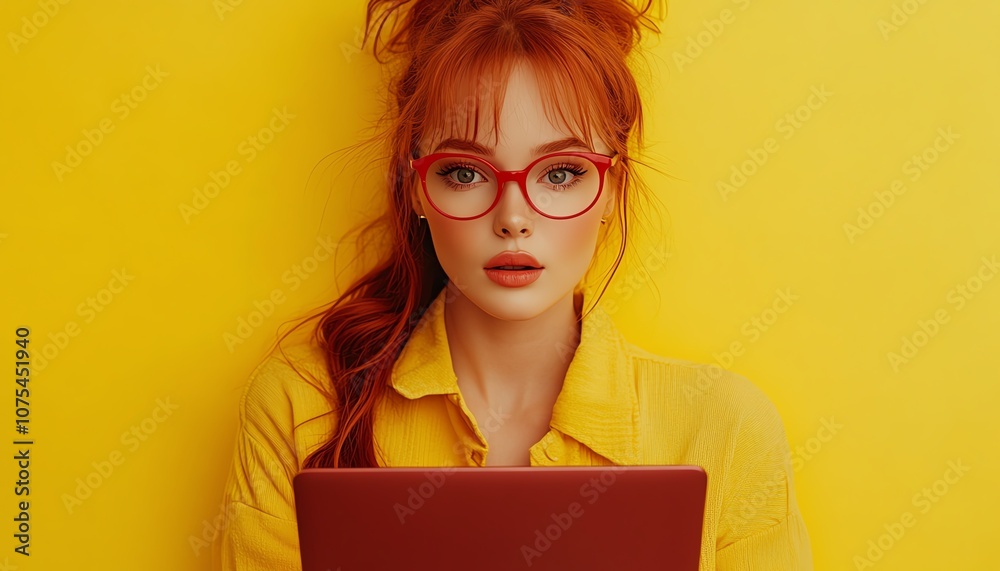 Surprised redhaired woman holding a laptop, red glasses, vibrant yellow background, energetic and expressive Surprised redhaired woman holding a laptop, red glasses, vibrant yellow background, energetic and expressive