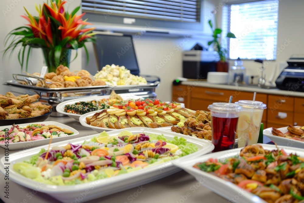 Table overflowing with food and drink at office celebration Table overflowing with food and drink at office celebration