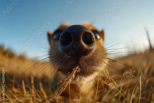 a dog is looking up at the camera
