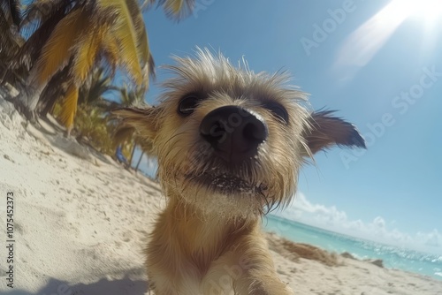 a dog on the beach with a camera in front of it photo