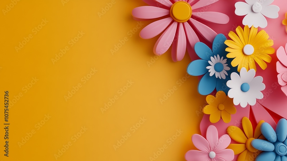 Naklejka premium Colorful bouquet of flowers is arranged in a border on a yellow background. The flowers are made of paper and are arranged in a way that creates a sense of depth and dimension