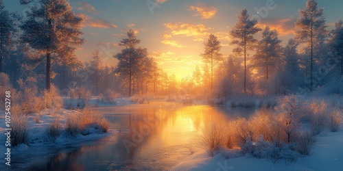 A snowy forest scene with a river in the foreground and a golden sunrise in the background.