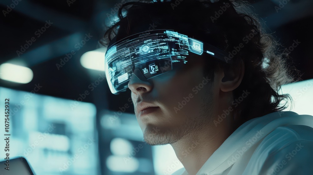 a man wearing futuristic glasses in a dark room a man wearing futuristic glasses in a dark room